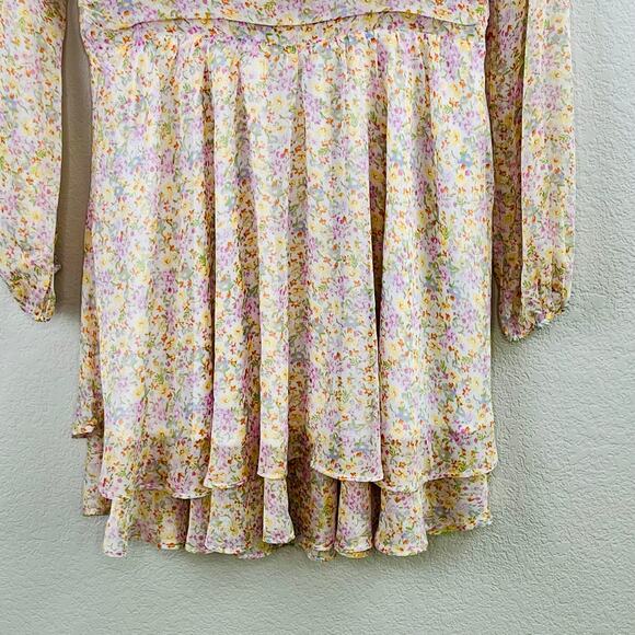 Elodie White Multi Floral Sheer Ruched Front Tie Surplice Mini Dress Medium NWOT - Picture 11 of 16
